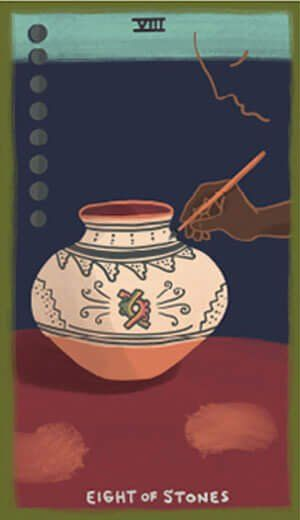 Eight of Stones card from The Gentle Tarot deck by Mariza Aparicio-Tovar