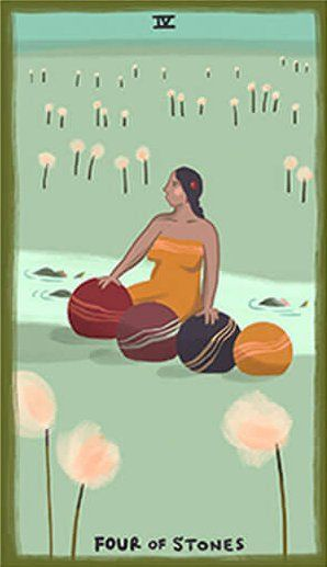 Four of Stones card from The Gentle Tarot deck by Mariza Aparicio-Tovar