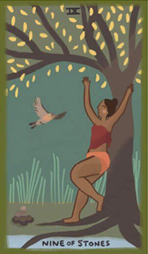 Nine of Stones card from The Gentle Tarot deck by Mariza Aparicio-Tovar