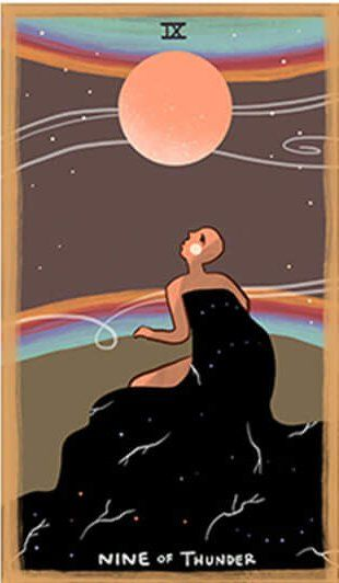 Nine of Thunder card from The Gentle Tarot deck by Mariza Aparicio-Tovar
