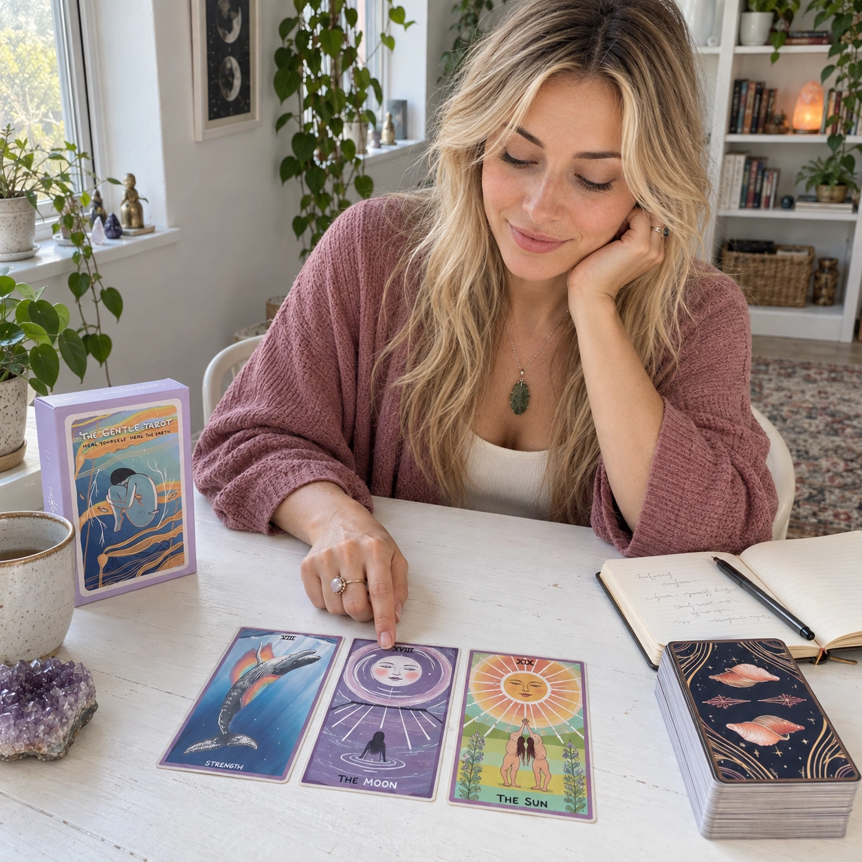 Aurica journaling beside The Gentle Tarot Seed Edition box, three face-up cards and a stacked deck
