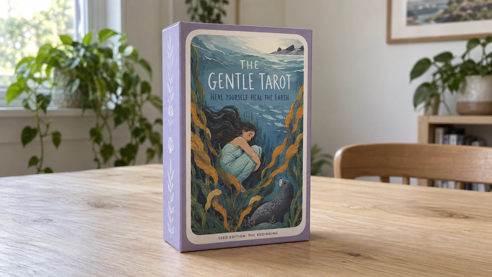 Generated lifestyle scene of The Gentle Tarot Seed Edition box by Mariza Ryce Aparicio-Tovar