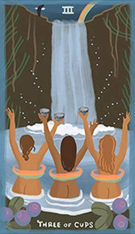 Three of Cups card from The Gentle Tarot deck by Mariza Ryce Aparicio-Tovar
