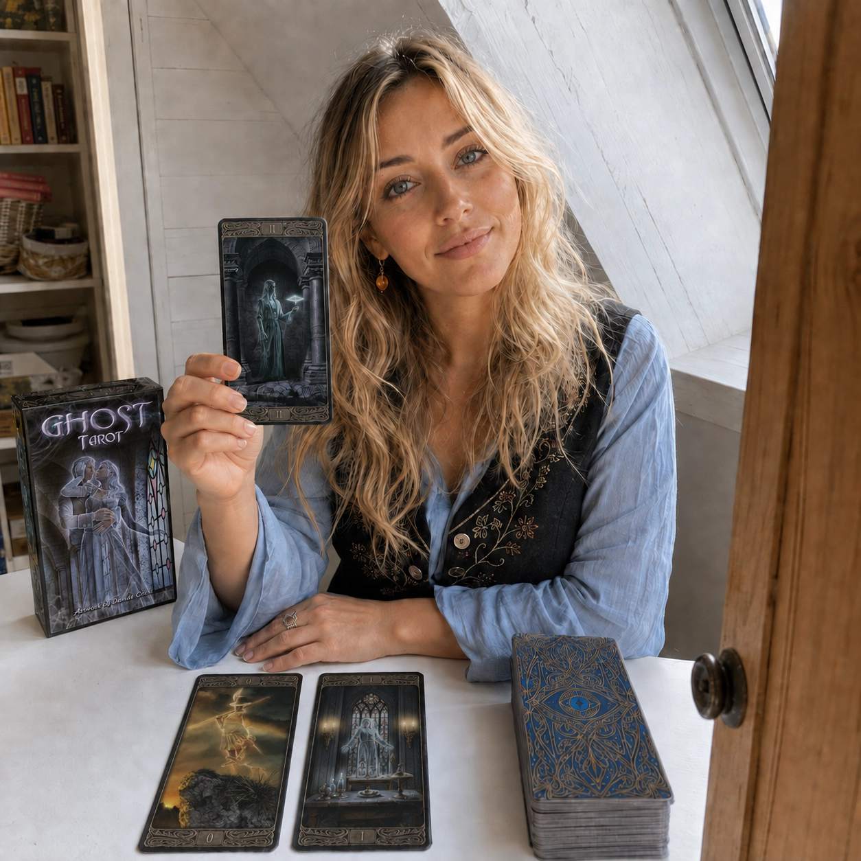 Aurica holding the Ghost Tarot High Priestess beside the exact deck box, a face-up spread, and the stacked deck