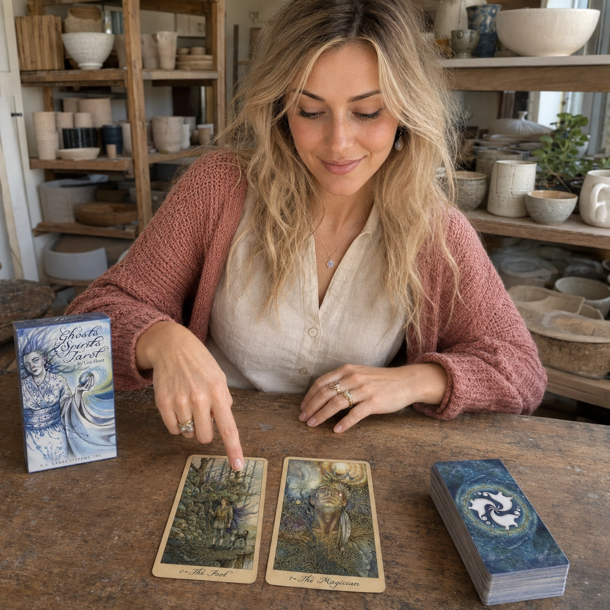 Aurica reading The Fool and The Magician from Ghosts Spirits Tarot beside the exact box and stacked deck