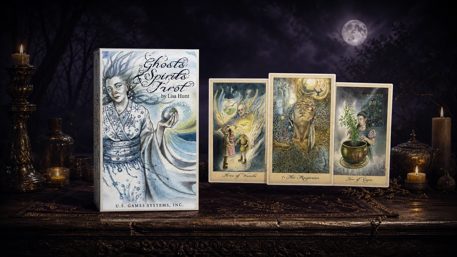 Ghosts & Spirits Tarot Deck by Lisa Hunt Ghosts & Spirits Tarot Deck by Lisa Hunt in an atmospheric product scene