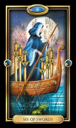 The Gilded Tarot Review 9 6 of Swords card from the Gilded Tarot deck