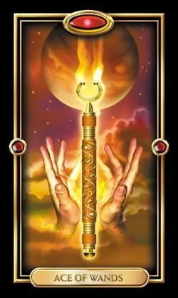 The Gilded Tarot Review 7 Ace of Wands card from the Gilded Tarot deck