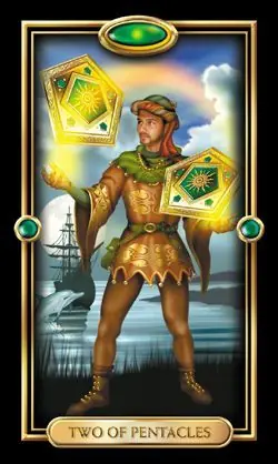 2 of Pentacles card from the Gilded Tarot deck