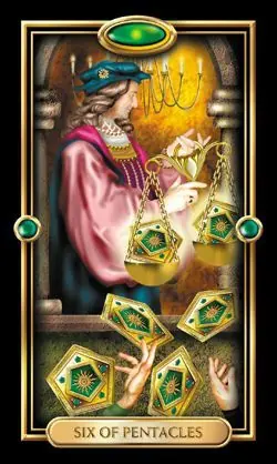 6 of Pentacles card from the Gilded Tarot deck
