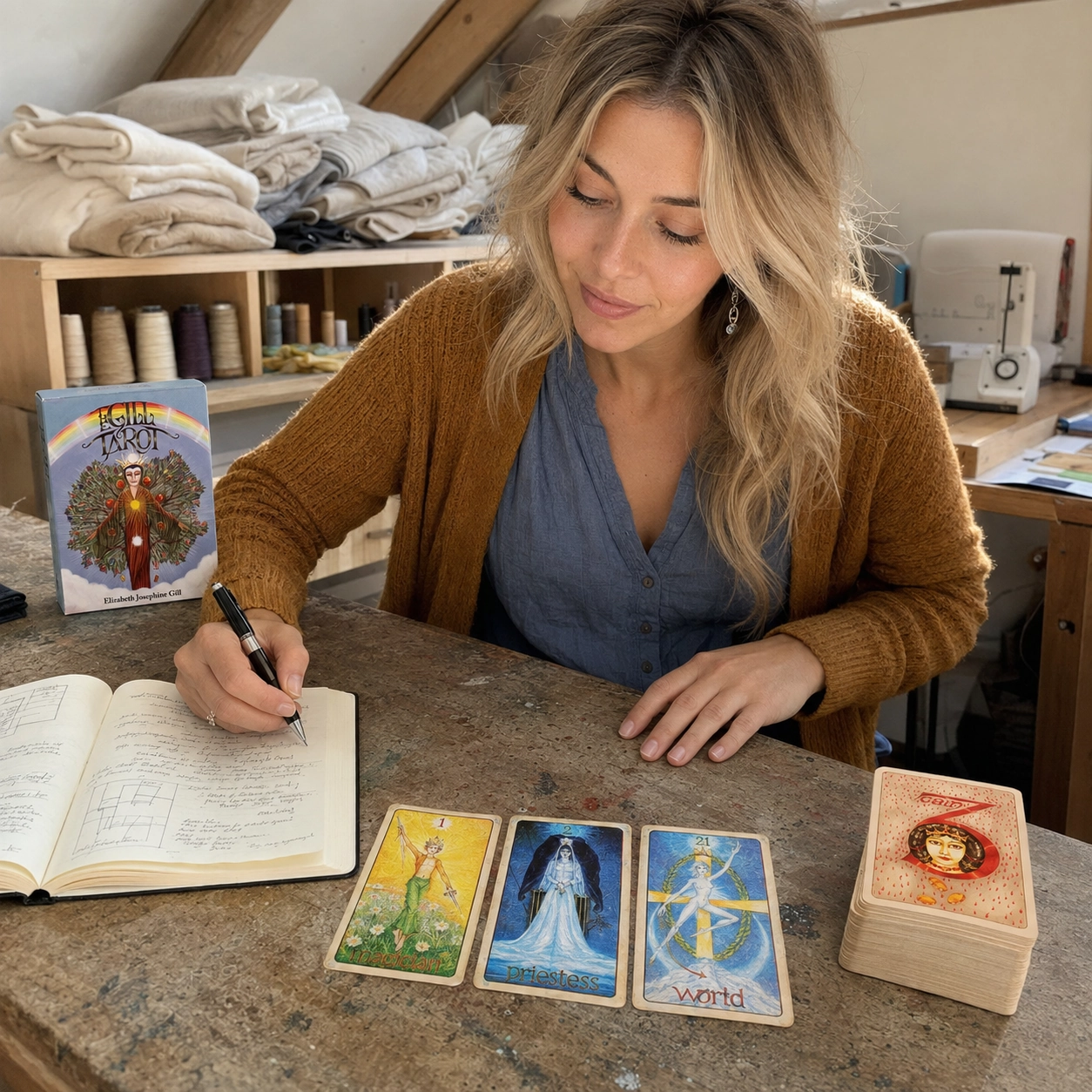 Aurica journaling with the Magician, Priestess and World cards from Gill Tarot beside the exact box and stacked deck