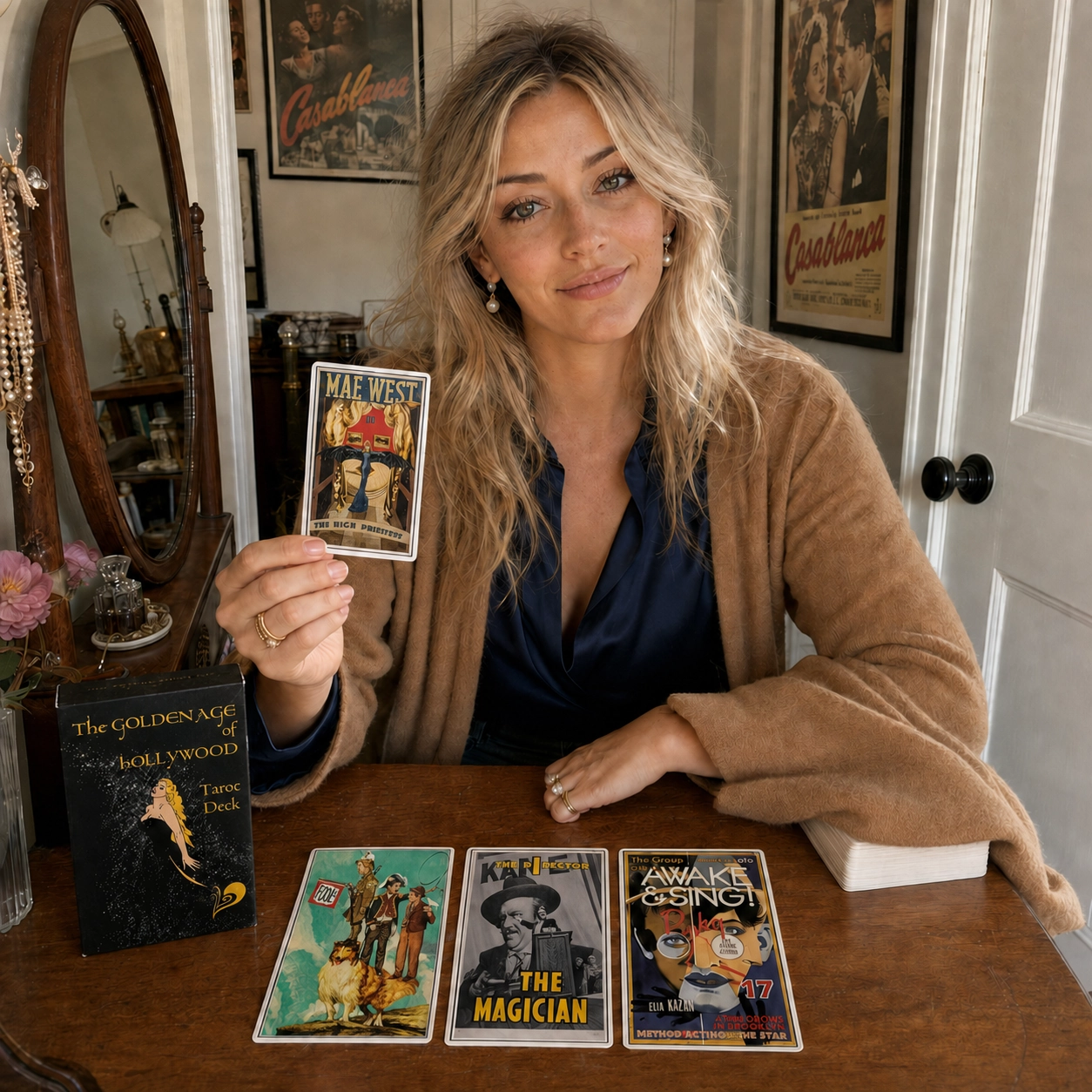 Aurica presenting The High Priestess from Golden Age Of Hollywood Tarot beside its box, three face-up cards, and stacked deck