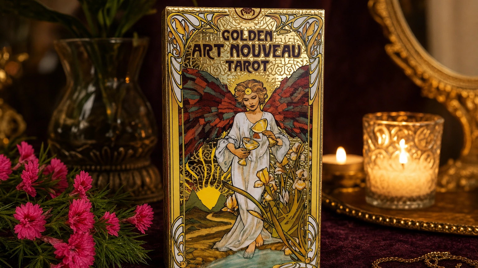 Golden Art Nouveau Tarot box on plum velvet with candlelight