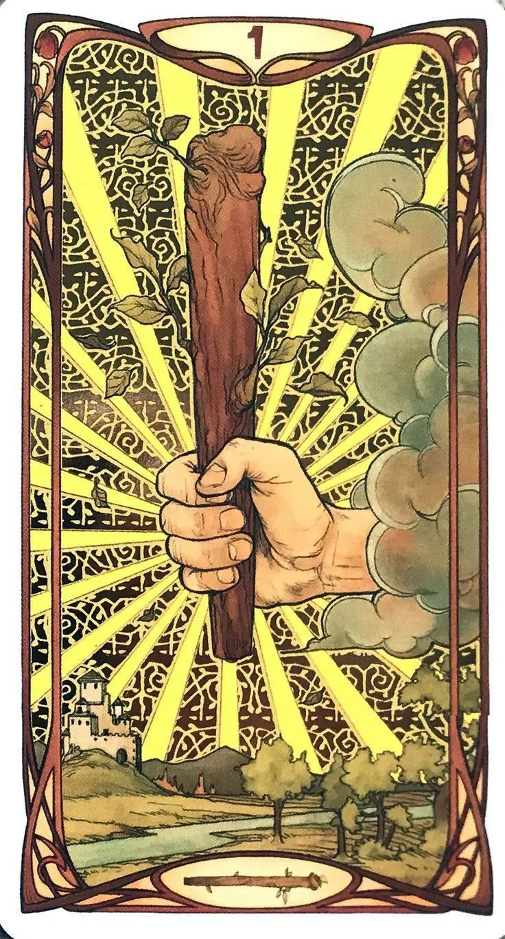 Ace of Wands card from the Golden Art Nouveau Tarot deck