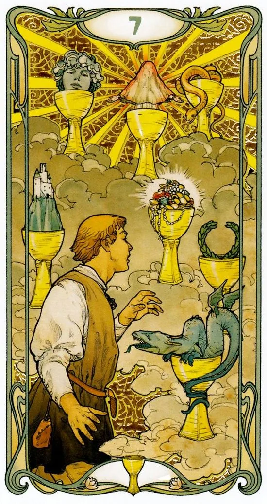 Seven of Cups card from the Golden Art Nouveau Tarot deck