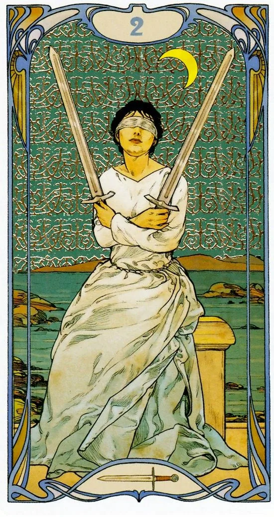 Two of Swords card from the Golden Art Nouveau Tarot deck