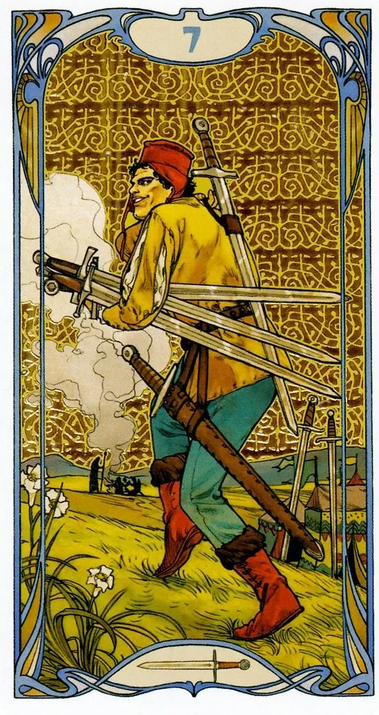 Seven of Swords card from the Golden Art Nouveau Tarot deck