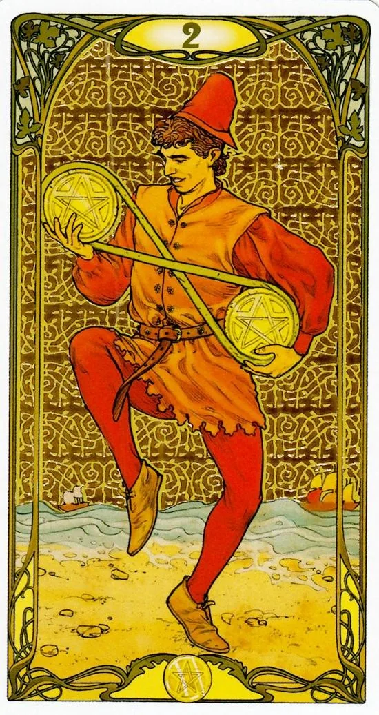 Two of Pentacles - Golden Art Nouveau Tarot - Tarot Deck by Giulia F. Massaglia