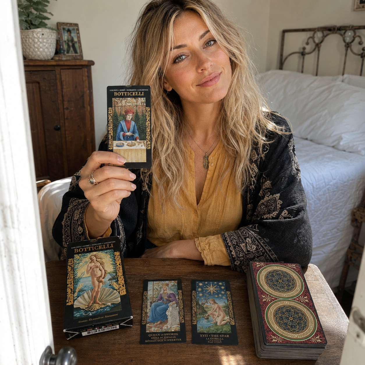 Aurica presenting The Magician from Golden Botticelli Tarot beside its box, Queen of Swords and The Star spread, and stacked deck