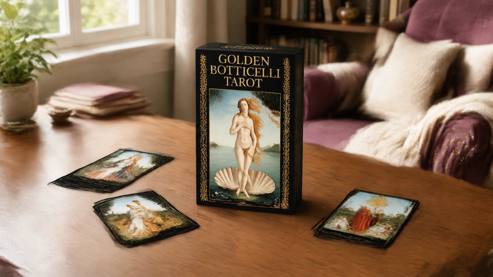 Golden Botticelli Tarot Deck by Atanas A. Atanassov in a modern home reading scene