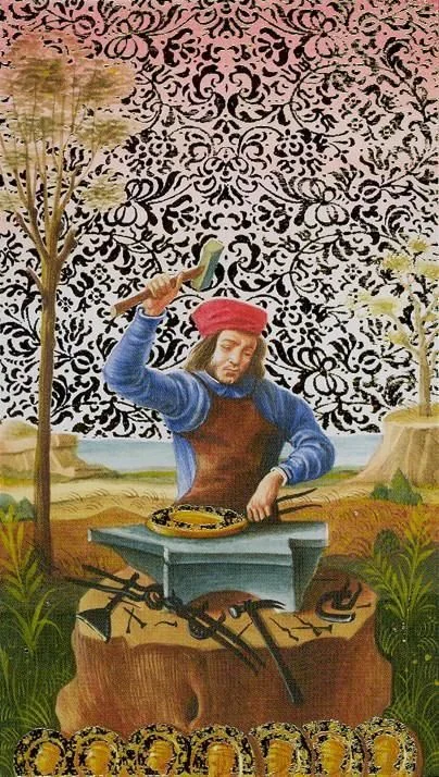 Eight of Pentacles card from the Golden Botticelli Tarot