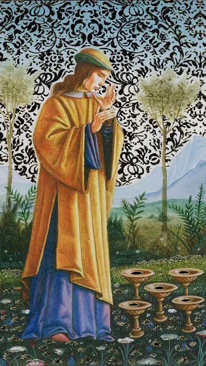 Five of Cups card from the Golden Botticelli Tarot