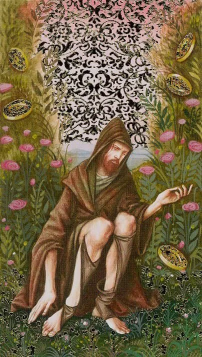 Five of Pentacles card from the Golden Botticelli Tarot