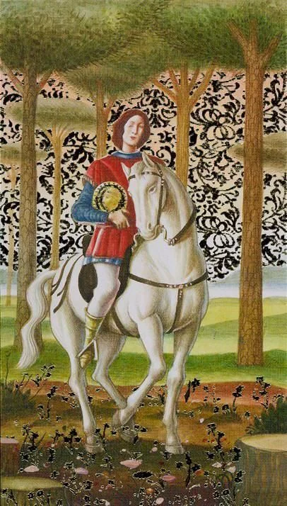 Knight of Pentacles card from the Golden Botticelli Tarot