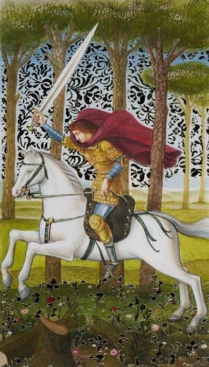 Knight of Swords card from the Golden Botticelli Tarot