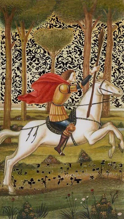 Knight of Wands card from the Golden Botticelli Tarot