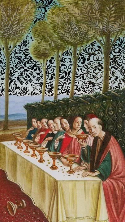 Nine of Cups card from the Golden Botticelli Tarot