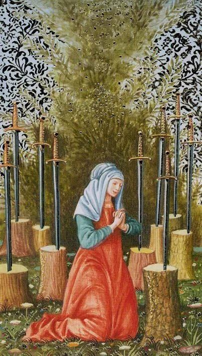 Nine of Swords card from the Golden Botticelli Tarot