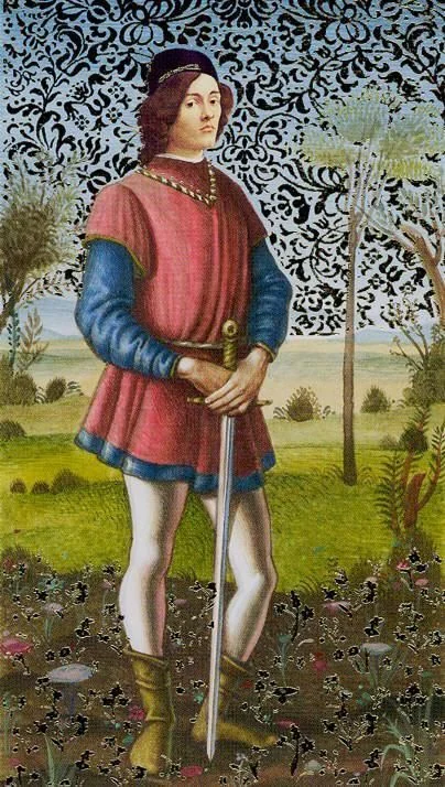 Page of Swords card from the Golden Botticelli Tarot