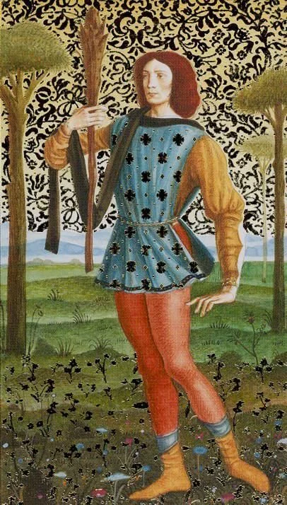Page of Wands card from the Golden Botticelli Tarot