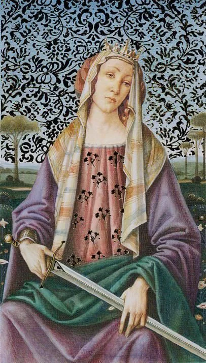 Queen of Swords card from the Golden Botticelli Tarot