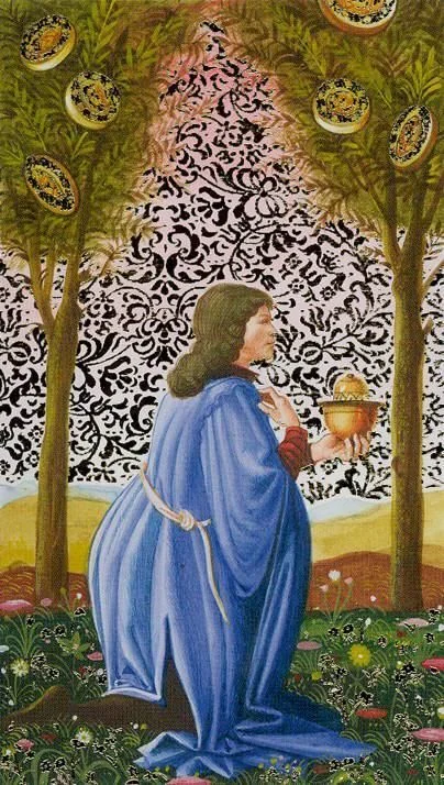 Seven of Pentacles card from the Golden Botticelli Tarot