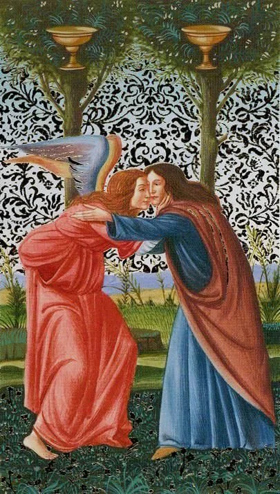 Two of Cups card from the Golden Botticelli Tarot