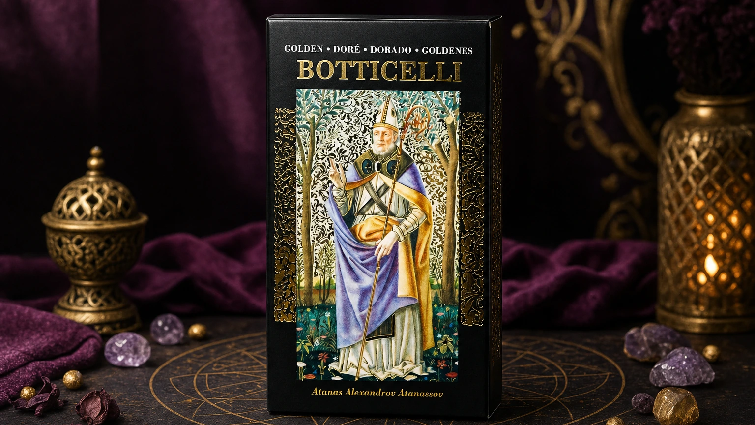 Golden Botticelli Tarot product box lifestyle image