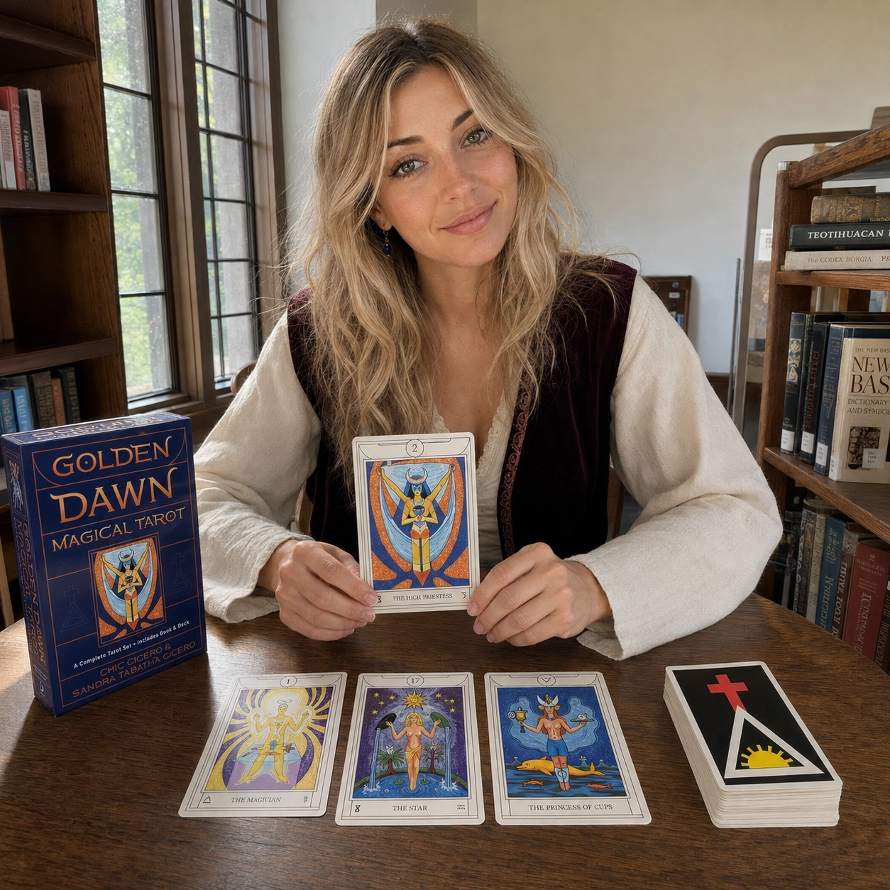 Aurica presenting The High Priestess from Golden Dawn Magical Tarot beside the exact deck box, three-card spread, and stacked deck