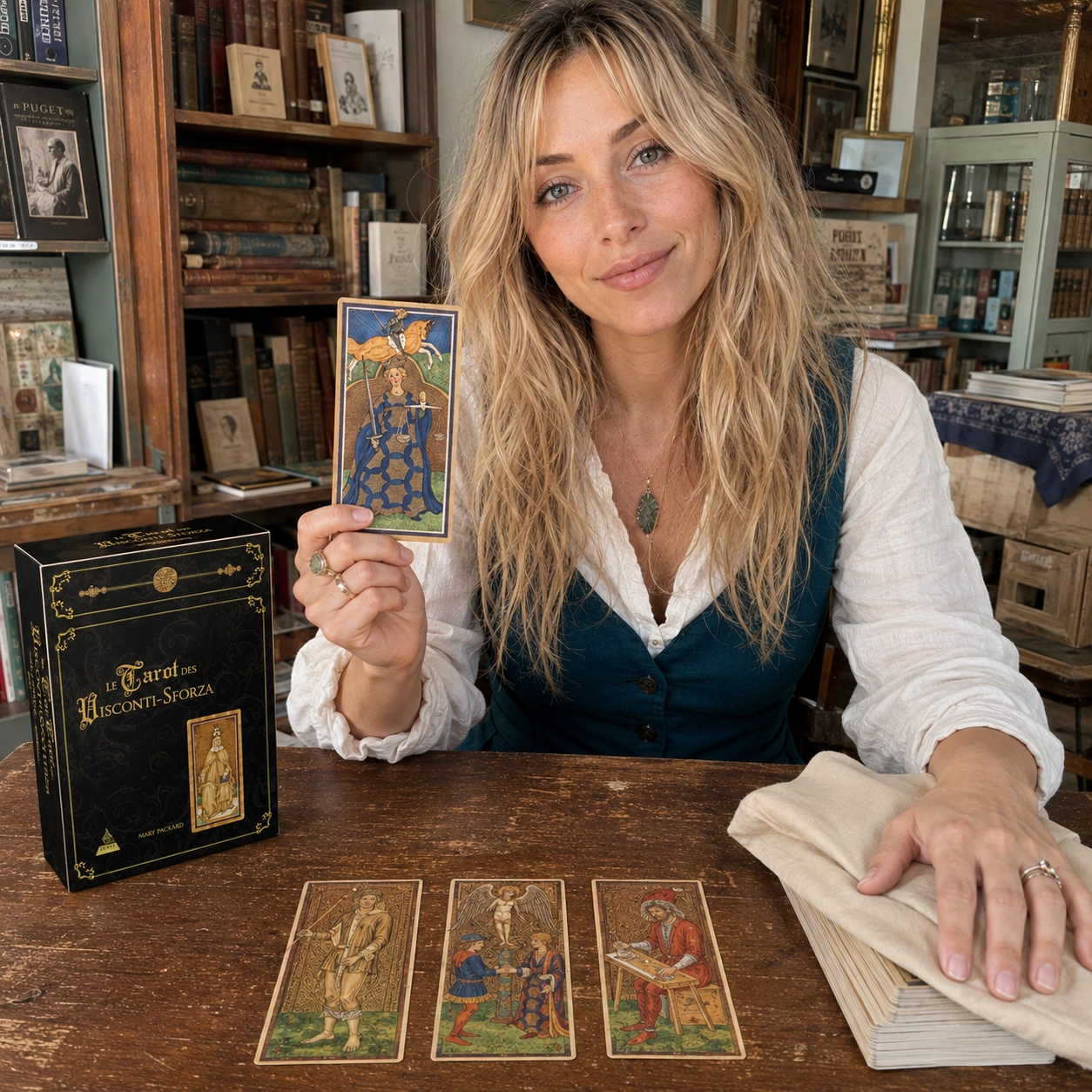 Aurica presenting Justice from The Golden Tarot – The Visconti-Sforza Deck beside its box, face-up spread, and stacked cards