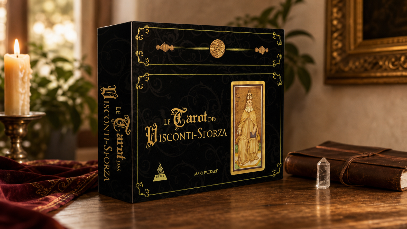 Mary Packard Visconti-Sforza Tarot boxed edition in a warm home study