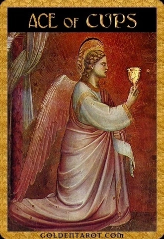 Ace of Cups card from Golden Tarot by Kat Black