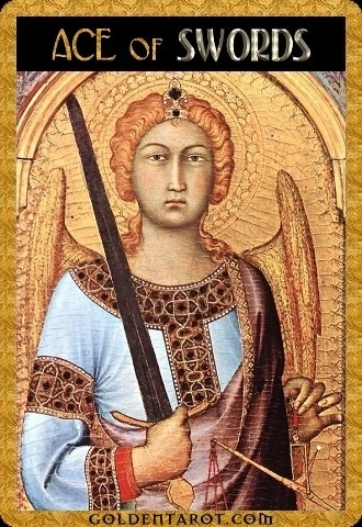 Ace of Swords card from Golden Tarot by Kat Black