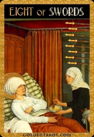 Eight of Swords card from Golden Tarot by Kat Black
