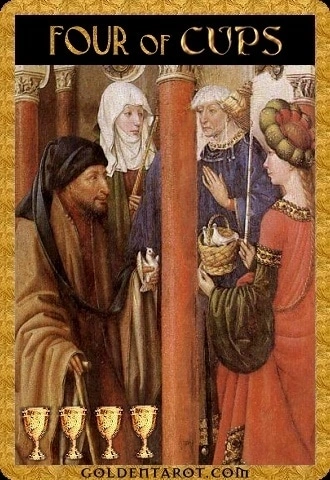 Four of Cups card from Golden Tarot by Kat Black