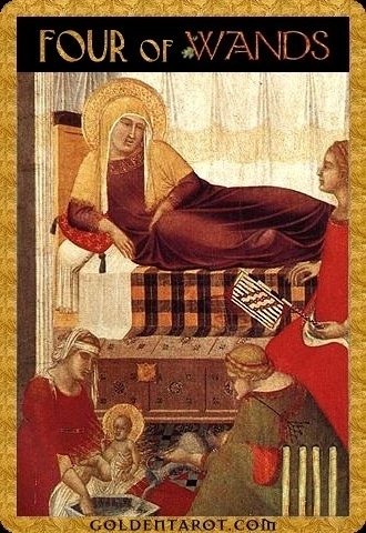 Four of Wands card from Golden Tarot by Kat Black