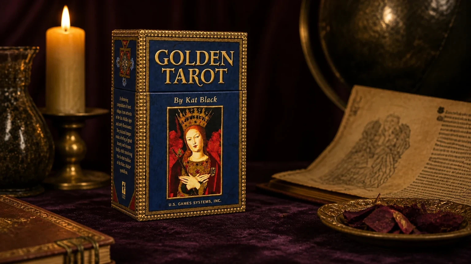 Golden Tarot by Kat Black box in a candlelit medieval study setting