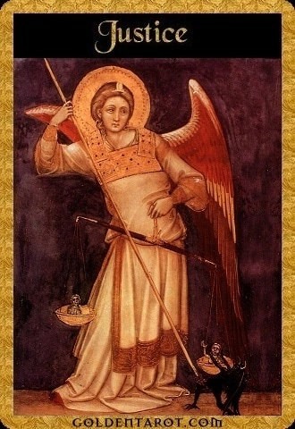 Justice card from Golden Tarot by Kat Black