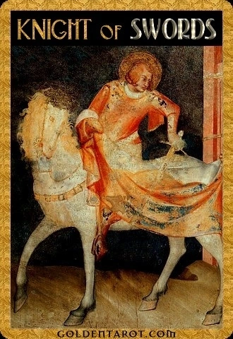 Knight of Swords card from Golden Tarot by Kat Black