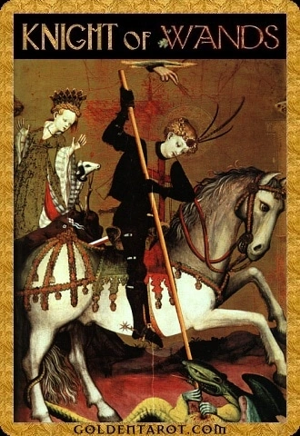 Knight of Wands card from Golden Tarot by Kat Black